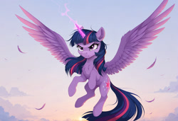 Size: 2104x1440 | Tagged: safe, imported from twibooru, twilight sparkle, alicorn, pony, ai content, ai generated, angry, casting a spell, chest fluff, feather, female, flying, generator:zoinksnoob, horn, image, magic, magic aura, mare, needs more jpeg, prompter:siber, sky, solo, wings