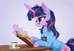 Size: 2104x1440 | Tagged: safe, imported from twibooru, twilight sparkle, pony, unicorn, ai content, ai generated, book, clothes, coffee cup, cup, ear fluff, female, generator:zoinksnoob, glasses, horn, image, magic, magic aura, mare, needs more jpeg, prompter:siber, reading, solo, sweater, table