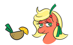 Size: 438x272 | Tagged: safe, artist:jargon scott, imported from derpibooru, oc, oc only, oc:bahama nectar, earth pony, pony, ask, bust, cutie mark, ear piercing, earth pony oc, female, lidded eyes, mare, piercing, portrait, simple background, smiling, solo, white background