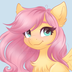 Size: 2048x2048 | Tagged: safe, artist:kuroartss, imported from derpibooru, fluttershy, pegasus, pony, chest fluff, ear fluff, female, looking at you, mare, smiling, smiling at you, solo, spread wings, wings