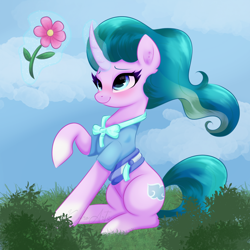 Size: 2048x2048 | Tagged: safe, artist:kuroartss, imported from derpibooru, mistmane, pony, unicorn, curved horn, female, flower, glowing, glowing horn, horn, levitation, looking at something, magic, magic aura, mare, raised hoof, sitting, smiling, solo, telekinesis, young mistmane