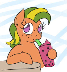 Size: 681x736 | Tagged: safe, artist:jargon scott, imported from derpibooru, oc, oc only, oc:papaya nectar, earth pony, pony, drink, drinking, drinking straw, earth pony oc, female, freckles, seeds, slushie, solo