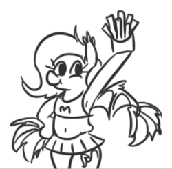 Size: 426x417 | Tagged: safe, artist:jargon scott, imported from derpibooru, oc, oc only, oc:panne, bat pony, armpits, bat pony oc, bat wings, bipedal, cheerleader, cheerleader outfit, clothes, female, food, french fries, grayscale, hoof on hip, mare, monochrome, one wing out, pom pom, raised hoof, simple background, smiling, solo, that pony sure does love fries, white background, wings