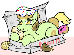 Size: 749x557 | Tagged: safe, artist:jargon scott, imported from derpibooru, oc, oc:donut stoles, earth pony, pony, donut, donut box, earth pony oc, female, food, lying down, mare, prone, smiling, tail