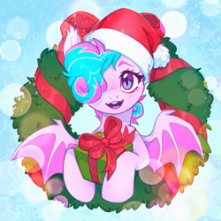 Size: 1369x1368 | Tagged: safe, artist:ls_skylight, imported from derpibooru, oc, oc only, oc:sweetie swirl, bat pony, pony, bat pony oc, bat wings, christmas, christmas wreath, commission, female, hair over one eye, hat, holiday, looking at you, mare, open mouth, open smile, present, santa hat, slit pupils, smiling, smiling at you, solo, spread wings, wings, wreath, ych result