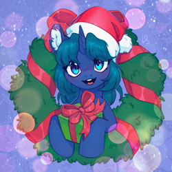 Size: 1369x1368 | Tagged: safe, artist:ls_skylight, imported from derpibooru, oc, oc only, oc:arclight, pony, unicorn, christmas, christmas wreath, commission, female, hat, holiday, hoof hold, horn, looking at you, mare, open mouth, open smile, present, santa hat, smiling, smiling at you, solo, unicorn oc, wreath, ych result