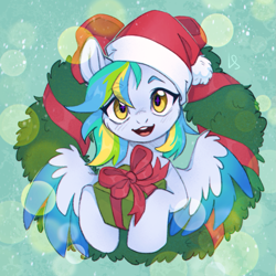 Size: 1369x1368 | Tagged: safe, artist:ls_skylight, imported from derpibooru, oc, oc only, oc:siriusnavigator, oc:siriusnavigator(alicorn), pegasus, pony, christmas, christmas wreath, colored wings, commission, female, hat, holiday, hoof hold, looking at you, mare, multicolored wings, open mouth, open smile, pegasus oc, present, santa hat, smiling, smiling at you, solo, spread wings, two toned wings, wings, wreath, ych result