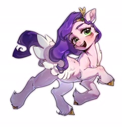 Size: 1975x2048 | Tagged: safe, artist:crayonin_wolf, imported from derpibooru, pipp petals, pegasus, pony, colored, diadem, eyebrows, female, g5, jewelry, mare, muscles, open mouth, open smile, regalia, shading, smiling, solo, spread wings, turned head, unshorn fetlocks, wings