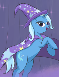 Size: 2550x3300 | Tagged: safe, artist:crimsonstride, imported from derpibooru, trixie, unicorn, bipedal, cape, clip studio paint, clothes, female, hat, horn, looking at you, mare, smoke, solo, stage, trixie's cape, trixie's hat