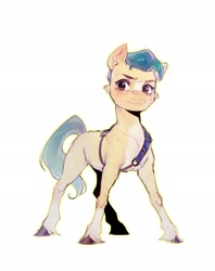 Size: 1621x2048 | Tagged: safe, artist:crayonin_wolf, imported from derpibooru, hitch trailblazer, earth pony, pony, colored, g5, looking sideways, male, pale belly, sash, simple background, solo, stallion, standing, unshorn fetlocks, white background