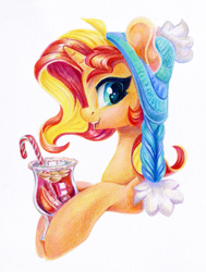 Size: 981x1300 | Tagged: safe, artist:maytee, imported from derpibooru, sunset shimmer, pony, unicorn, bust, colored pencil drawing, drink, glögg, hat, horn, portrait, profile, simple background, smiling, traditional art, white background