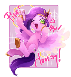 Size: 761x823 | Tagged: safe, artist:demiesop, imported from derpibooru, pipp petals, pegasus, pony, cellphone, female, g5, mare, one eye closed, open mouth, open smile, passepartout, phone, pipp pipp hooray, pipp's phone, smartphone, smiling, solo, spread wings, wings