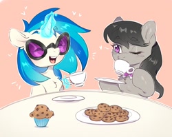 Size: 1486x1185 | Tagged: safe, artist:ls_skylight, artist:sl_skylight, imported from derpibooru, dj pon-3, octavia melody, vinyl scratch, earth pony, pony, unicorn, blushing, bowtie, cookie, cup, drink, drinking, duo, duo female, eyes closed, female, food, glowing, glowing horn, heart, hoof hold, horn, levitation, magic, magic aura, mare, muffin, octavia's bowtie, one eye closed, open mouth, teacup, telekinesis, vinyl's glasses