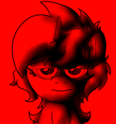 Size: 1328x1427 | Tagged: safe, artist:background basset, imported from derpibooru, lyra heartstrings, pony, unicorn, blank stare, bust, depressing, edgy, horn, red background, simple background