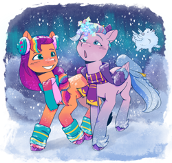 Size: 3234x3071 | Tagged: safe, artist:l211art, imported from derpibooru, queen haven, sunny starscout, pegasus, pony, aurora borealis, clothes, cloudpuff, duo, duo female, earmuffs, feathered fetlocks, female, g5, leg warmers, lesbian, multicolored hair, scarf, shipping, smiling, snow, snowfall, snowflake, starlight ridge, sunnyhaven, unshorn fetlocks