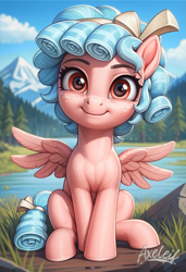 Size: 1401x2048 | Tagged: safe, editor:axeleif, imported from derpibooru, cozy glow, pegasus, pony, ai composition, ai content, cozybetes, cute, female, filly, foal, forest, lake, looking at you, mountain, nature, prompter:axeleif, scenery, smiling, solo, spread wings, tree, water, weapons-grade cute, wings