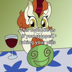 Size: 900x900 | Tagged: safe, artist:unitxxvii, imported from derpibooru, autumn blaze, kirin, alcohol, female, food, glass, hoof on chin, looking at you, smiling, smiling at you, solo, text, watermelon, wine, wine glass