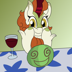 Size: 900x900 | Tagged: safe, alternate version, artist:unitxxvii, imported from derpibooru, autumn blaze, kirin, alcohol, female, food, glass, hoof on chin, looking at you, smiling, smiling at you, solo, textless, textless version, watermelon, wine, wine glass