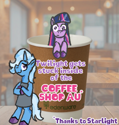 Size: 619x650 | Tagged: safe, artist:zoeyhorse, imported from derpibooru, trixie, twilight sparkle, pony, unicorn, fanfic:twilight gets stuck inside of the coffee shop au (thanks to starlight), apron, bipedal, bipedal leaning, clothes, coffee cup, crossed hooves, cup, cup of pony, duo, duo female, eye twitch, fanfic art, female, horn, leaning, lesbian, lidded eyes, looking at you, mare, micro, shipping, smiling, smiling at you, text, twixie, unshorn fetlocks