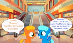 Size: 3833x2238 | Tagged: safe, artist:memeartboi, imported from derpibooru, earth pony, pegasus, pony, best friends, bff, brothers, colt, darwin watterson, duo, duo male, escalator, foal, grin, gumball watterson, indoors, looking at each other, looking at someone, male, mall, pegasus wings, ponified, shopping mall, siblings, smiling, speech bubble, spread wings, squee, standing, teeth, text, the amazing world of gumball, wings