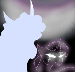 Size: 3962x3776 | Tagged: safe, artist:earth.loser, imported from derpibooru, star swirl the bearded, twilight sparkle, unicorn, broken horn, friendship is pointless, glowing, glowing eyes, horn, horn markings, purple outline, scar, spirit, white eyes