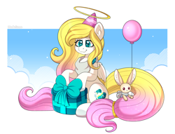 Size: 2800x2135 | Tagged: safe, artist:madelinne, imported from derpibooru, oc, oc:angel light, pegasus, pony, rabbit, animal, balloon, birthday, clothes, female, mare, pegasus oc, present, solo, wings