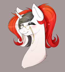 Size: 1583x1764 | Tagged: safe, imported from derpibooru, oc, oc:red rocket, unicorn, bust, commission, glasses, happy, heart, horn, makeup, portrait, unicorn oc, ych result