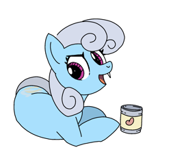 Size: 1590x1433 | Tagged: safe, artist:mandumustbasukanemen, imported from derpibooru, linky, shoeshine, earth pony, pony, beans, can of beans, female, food, grin, looking over shoulder, lying down, mare, maretooth, open mouth, simple background, smiling, solo, tooth, white background