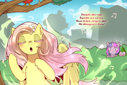 Size: 1440x960 | Tagged: safe, artist:cold-blooded-twilight translation, edit, imported from derpibooru, fluttershy, spike, twilight sparkle, bird, dragon, pegasus, pony, unicorn, cold blooded twilight, comic:cold storm (ru), friendship is magic, ..., blushing, chest fluff, colored eyelashes, comic, cyrillic, eyes closed, flower, flower in hair, hiding in bushes, horn, magic, my little pony, open mouth, ponytail, russian, singing, translation, translator:agent00k0t, unicorn twilight