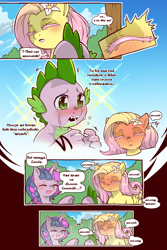 Size: 960x1440 | Tagged: safe, artist:cold-blooded-twilight translation, edit, imported from derpibooru, fluttershy, spike, twilight sparkle, dragon, pegasus, pony, unicorn, cold blooded twilight, comic:cold storm (ru), blushing, blushing profusely, braid, colored eyelashes, comic, crying, cyrillic, dialogue, eyes closed, flower, flower in hair, horn, long eyelashes, oh no, russian, sparkles, speech bubble, sweat, sweatdrops, thought bubble, translation, translator:agent00k0t, unicorn twilight