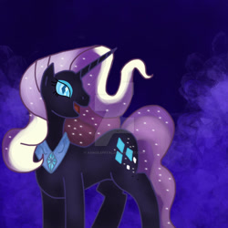 Size: 1024x1024 | Tagged: safe, artist:asinglepetal, imported from derpibooru, nightmare rarity, rarity, pony, unicorn, amethyst background, crystal background, darkened coat, deviantart watermark, diamond pupils, eyeshadow, female, horn, ipad, makeup, mare, nightmarified, obtrusive watermark, open mouth, peytral, procreate, procreate app, slit pupils, solo, starry hair, tumblr:a rarity of a nightmare, tumblr:ask nightmare rarity, watermark, white stripes