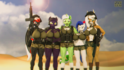 Size: 3840x2160 | Tagged: safe, artist:zgsfm, imported from derpibooru, tank, oc, oc only, oc:baetica castanets, oc:dynamizer flyer, oc:grape wine, oc:seafood fisher, anthro, bat pony, plantigrade anthro, unicorn, 3d, badass, big breasts, bow, breasts, cammo, camouflage, car, clothes, desert, female, gun, horn, hummer, jeep, militar, militar campaign, outdoors, pants, run, sexy, solo, spain, suv, swimsuit, tent, uniform, vehicle, war, weapon