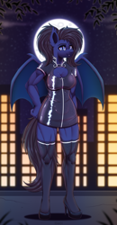 Size: 2085x4000 | Tagged: safe, artist:dinoalpaka, imported from derpibooru, oc, oc only, oc:duskweaver, anthro, bat pony, bat pony oc, bat wings, breasts, clothes, dress, female, latex, looking at you, socks, stockings, thigh highs, wings