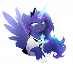 Size: 1280x1120 | Tagged: safe, artist:shpoof, imported from derpibooru, princess luna, alicorn, butterfly, clothes, crown, female, halfbody, horn, jewelry, long hair, magic, regalia, shirt, simple background, solo, t-shirt, white background, wings