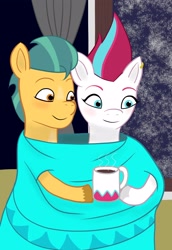 Size: 2024x2946 | Tagged: safe, artist:qeinone, imported from derpibooru, hitch trailblazer, zipp storm, earth pony, pegasus, pony, blanket, coffee mug, ear piercing, earring, female, g5, hitchzipp, jewelry, male, mare, mug, piercing, shipping, smiling, stallion, straight