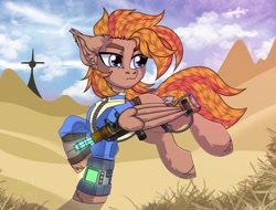 Size: 2992x2272 | Tagged: safe, artist:chloejoshh, imported from derpibooru, oc, oc:coma, pegasus, fallout equestria, clothes, desert, jumpsuit, laser rifle, pegasus oc, pipboy, vault suit, wings