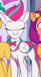 Size: 564x1047 | Tagged: safe, imported from derpibooru, screencap, zipp storm, earth pony, pony, baby critters, bowtie, clothes, cropped, door, eyes closed, female, formal wear, g5, happy, my little pony: tell your tale, smiling, solo, suit, turning, tuxedo