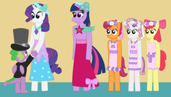 Size: 2099x1189 | Tagged: safe, artist:eli-j-brony, imported from derpibooru, apple bloom, rarity, scootaloo, spike, sweetie belle, twilight sparkle, anthro, dragon, earth pony, pegasus, pony, unicorn, a canterlot wedding, bridesmaid, bridesmaid dress, clothes, cutie mark crusaders, dancing, dress, female, filly, floral head wreath, flower, flower girl, flower girl dress, foal, g4, hat, horn, looking at each other, looking at someone, male, mare, my little pony, ship:sparity, shipping, smiling, smiling at each other, sparity, straight, suit, top hat, tuxedo, winged spike, wings