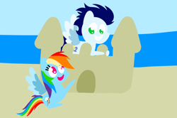 Size: 1935x1285 | Tagged: safe, anonymous artist, derpibooru exclusive, imported from derpibooru, rainbow dash, soarin', pegasus, pony, series:soarindash honeymoon, series:soarindash romantic tales, beach, castle, female, male, mare, pointy ponies, sand, sandcastle, shipping, soarindash, stallion, straight