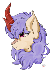 Size: 1684x2272 | Tagged: safe, artist:nismorose, imported from derpibooru, oc, oc:dazzle dust, kirin, cheek fluff, disembodied head, ear fluff, horn, kirin horn, purple mane, red horn, signature, simple background, tan coat, transparent background