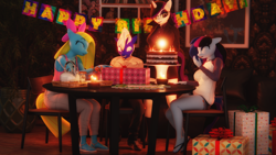 Size: 3840x2160 | Tagged: safe, artist:artempredator, imported from derpibooru, oc, oc:cuteamena, oc:electric blue, oc:maple cake, oc:silver predator, anthro, plantigrade anthro, 3d, birthday, blender, blushing, bow, cake, candle, clothes, embarrassed, feet, flip-flops, food, gift art, happy birthday, mug, party, present, sandals, shirt, table