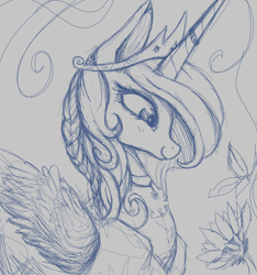 Size: 1414x1510 | Tagged: safe, artist:colochenni, imported from derpibooru, princess celestia, alicorn, pony, alternate hairstyle, clothes, crown, dress, flower, horn, horn ring, jewelry, monochrome, regalia, ring, sketch, sunflower