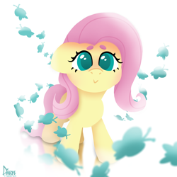 Size: 2338x2340 | Tagged: safe, artist:imlpidimon, imported from derpibooru, fluttershy, butterfly, pegasus, cute, perspective, reflection, signature, simple background, white background, wings