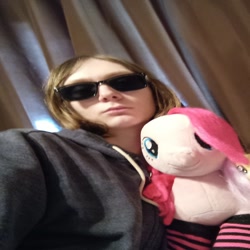 Size: 720x720 | Tagged: safe, pinkie pie, human, build-a-bear, clothes, huffyhorse, irl, irl human, photo, pinkamena diane pie, plushie, socks, sunglasses