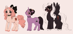 Size: 2000x937 | Tagged: safe, artist:swollenbabyfat, imported from derpibooru, oc, oc only, oc:love drawn, unnamed oc, pegasus, pony, unicorn, big bow, black bow, black coat, bow, brown eyes, brown mane, brown tail, choker, colored hooves, colored sketch, curly mane, curly tail, duo, ear piercing, earring, eyelashes, female, female oc, frown, glasses, hair bow, hair bun, heart choker, height difference, hooves, horn, jewelry, long mane, long tail, mare, mare oc, neon genesis evangelion, open mouth, open smile, pegasus oc, piercing, pink background, pink coat, pink hooves, ponified, ponysona, profile, purple coat, purple hooves, simple background, sketch, smiling, souryuu asuka langley, spread wings, standing, tail, tied mane, trio, trio female, unicorn oc, wavy mane, wavy mouth, wavy tail, white background, white hooves, white mane, white tail, wings