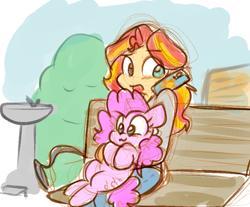 Size: 868x719 | Tagged: safe, artist:zutcha, imported from derpibooru, pinkie pie, sunset shimmer, earth pony, human, pony, equestria girls, :3, bench, cellphone, cute, diapinkes, duo, duo female, female, happy, heterochromia, holding a pony, hug, human and pony, phone, shimmerbetes, sketch, smartphone, water fountain