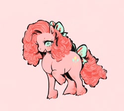 Size: 1280x1142 | Tagged: safe, artist:swollenbabyfat, imported from derpibooru, pinkie pie, earth pony, pony, alternate hairstyle, beanbrows, blue bow, blue eyes, blush lines, blushing, bow, chubby, cloven hooves, colored eyebrows, curly mane, curly tail, eyebrows, eyelashes, female, fetlock tuft, hair accessory, hair bow, light pink background, mane accessory, mare, open mouth, open smile, pink background, pink coat, pink mane, pink tail, raised hoof, redraw, simple background, smiling, solo, standing, standing on three hooves, tail, tail accessory, tail bow, white pupils