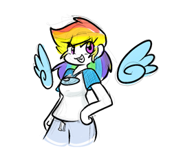 Size: 907x810 | Tagged: safe, artist:zutcha, imported from derpibooru, rainbow dash, human, amogus, among us, female, floating wings, grin, hand on hip, humanized, meme, simple background, smiling, solo, white background, winged humanization, wings