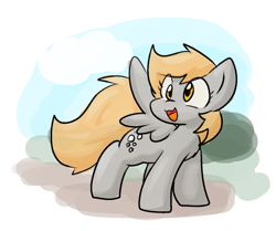 Size: 1256x1052 | Tagged: safe, artist:zutcha, imported from derpibooru, derpy hooves, pony, cute, derpabetes, female, mare, open mouth, open smile, smiling, solo, spread wings, turned head, wings