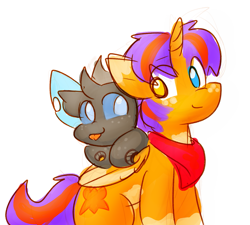 Size: 1309x1177 | Tagged: safe, artist:zutcha, imported from derpibooru, oc, oc only, alicorn, changeling, pony, bandana, changeling oc, duo, duo male, freckles, heterochromia, looking at each other, looking at someone, male, simple background, smiling, smiling at each other, stallion, tongue out, white background